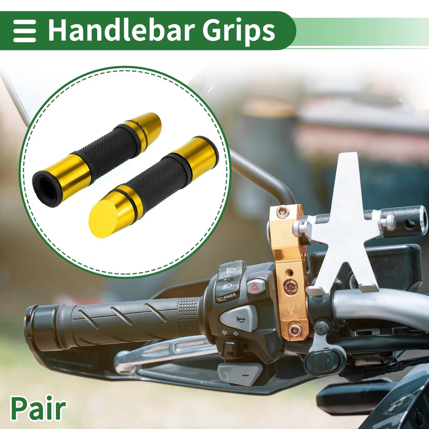 7/8" 22mm Hand Grips Rubber Black Gold Tone for Motorcycle