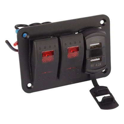 2 Gang Rocker Toggle Switch Panel w/ Dual USB Port for RV Truck Marine Boat