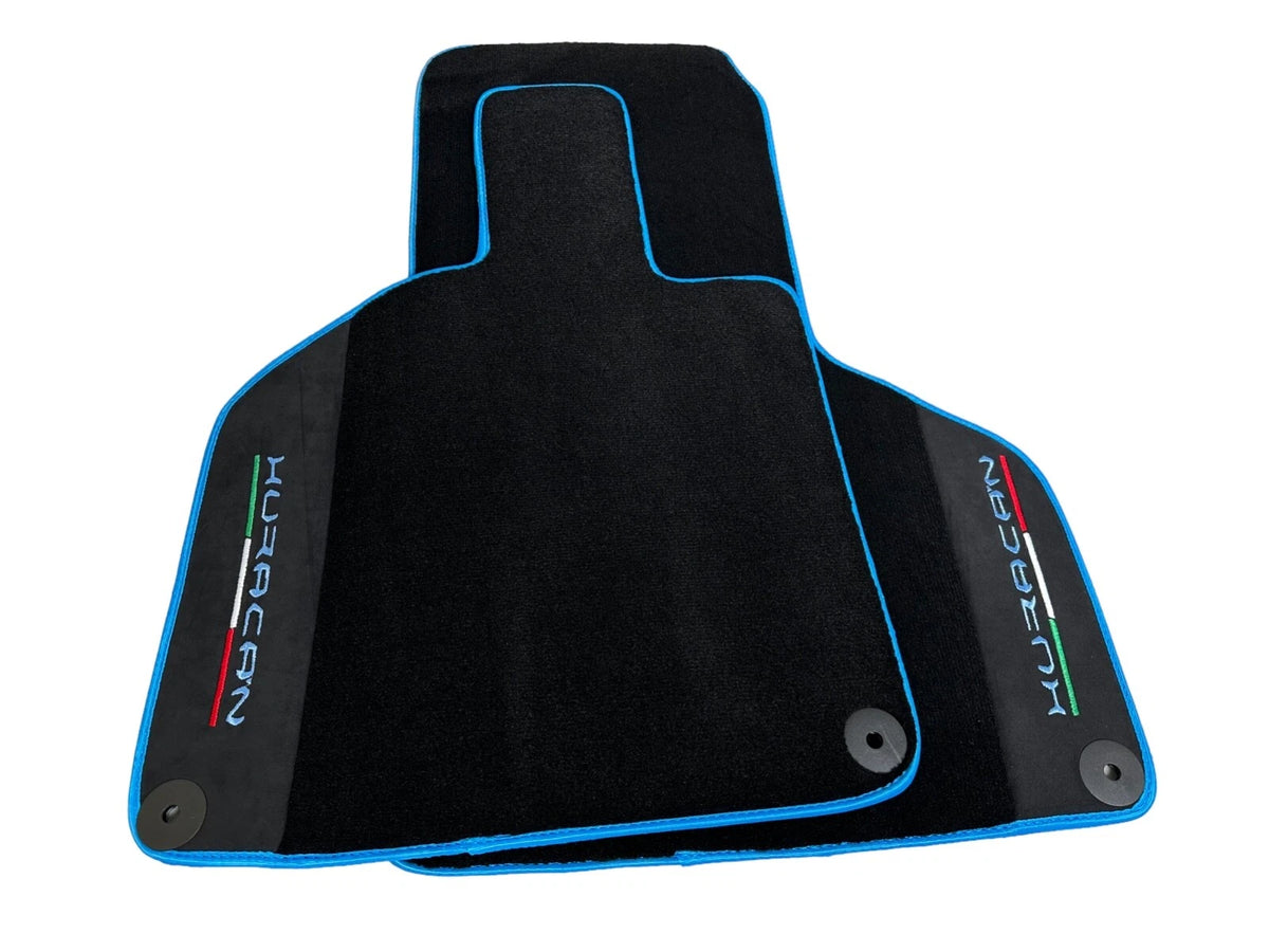 Black Floor Mats for Lamborghini Huracan with Light Blue Trim (2014-2023)