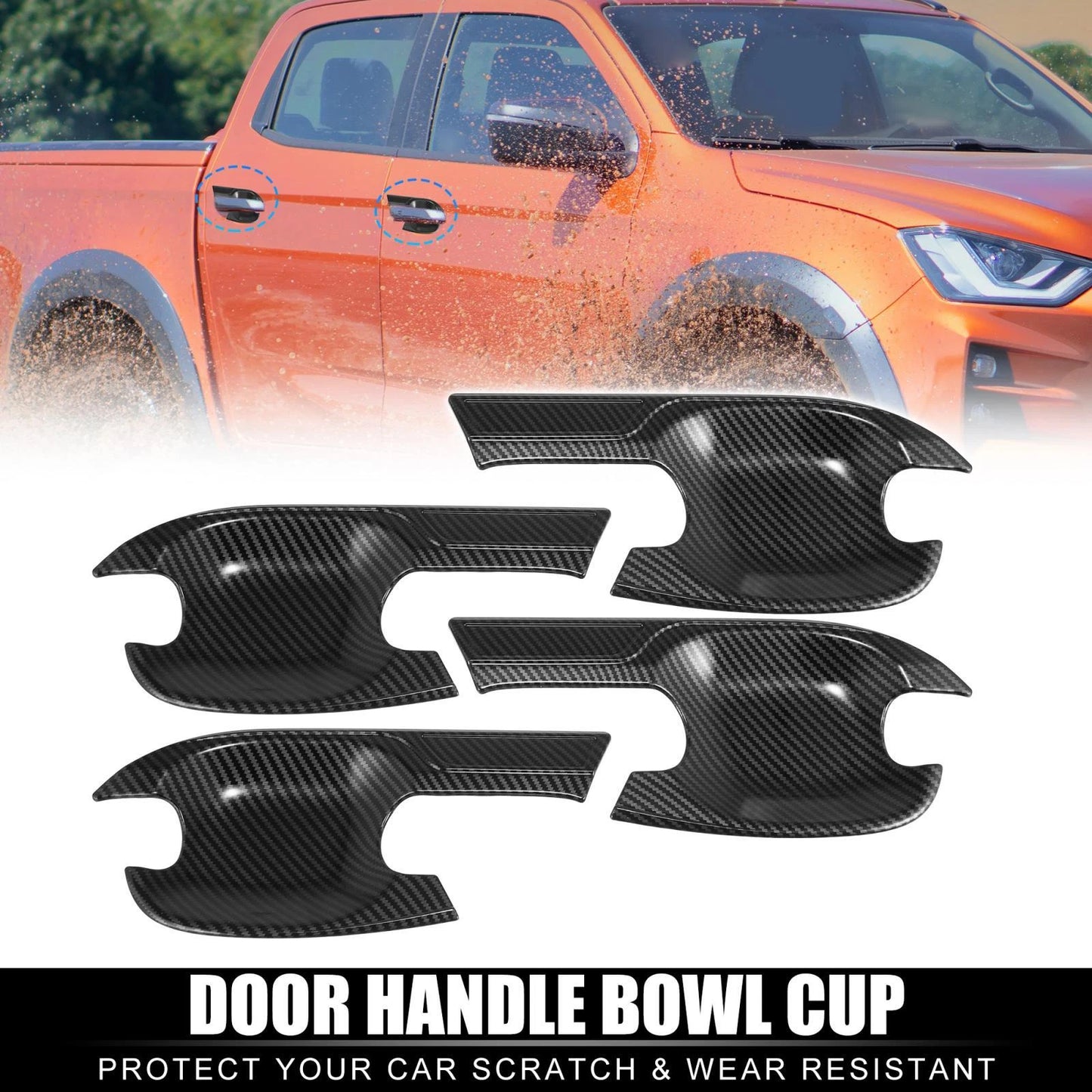 Car Door Handle Cups Set for Isuzu D-Max (Carbon Fiber, Gloss Black)