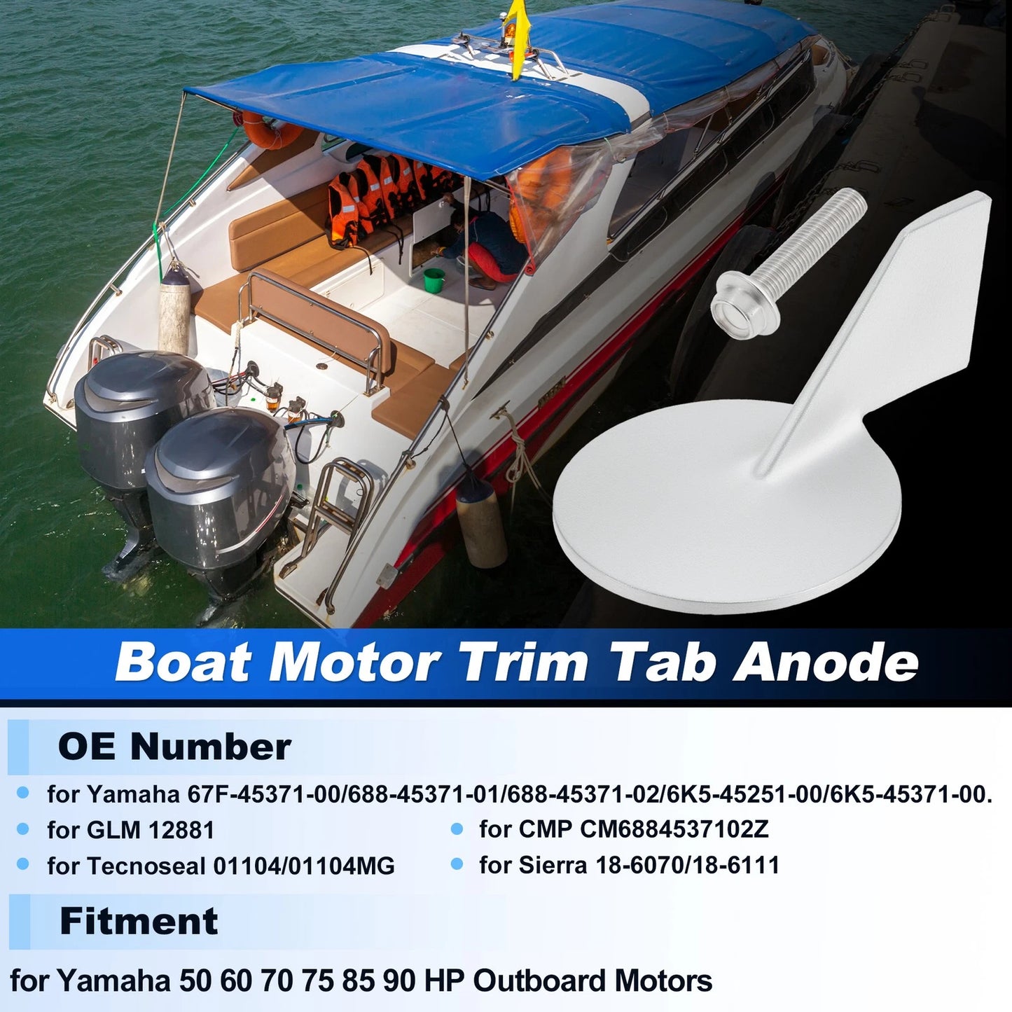 Trim Tab Anode for Yamaha 50-90 HP Outboard Motors Zinc Anode