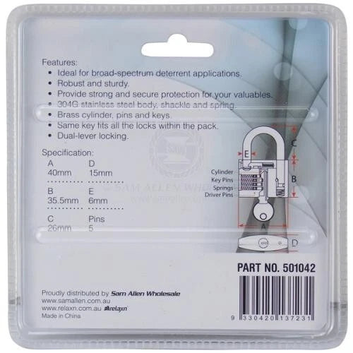 Stainless Steel Keyed Alike Padlocks 40mm - Relaxn 2 Locks with 3 Keys