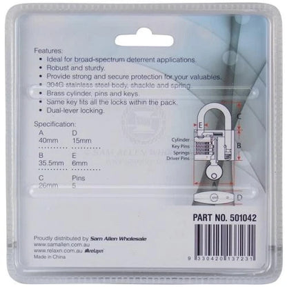 Stainless Steel Keyed Alike Padlocks 40mm - Relaxn 2 Locks with 3 Keys