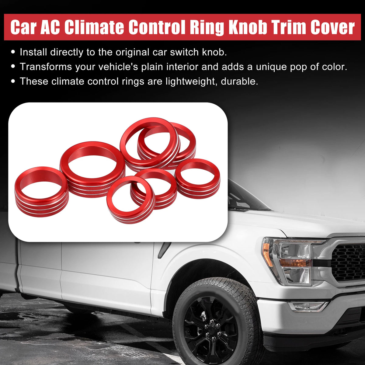 7 x Red AC Climate Control Knob Trim Covers for Ford F-150 (2021-2022)