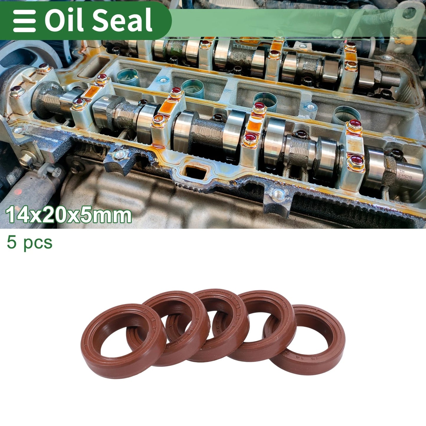 Oil Seal 14x20x5mm Seal Ring Rotary Shaft Seal Fluorine Rubber Brown 5 Pcs