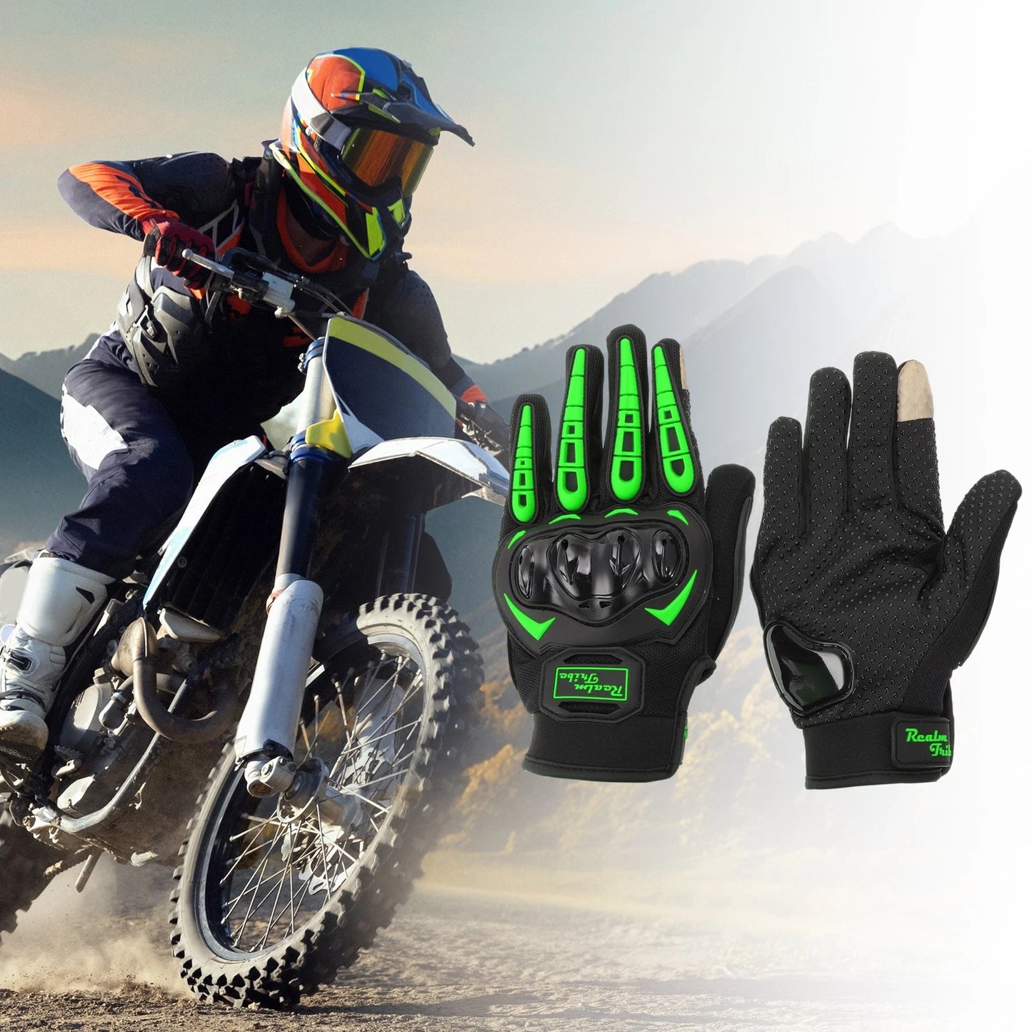 L Motorcycle Glove Breathable Full Finger Nylon Outdoor Gloves Green 1 Pair