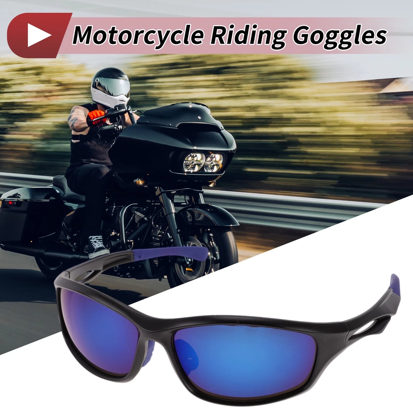 Motorcycle Riding Goggles Blue Lens Black Frame PC Cycling Sunglasses