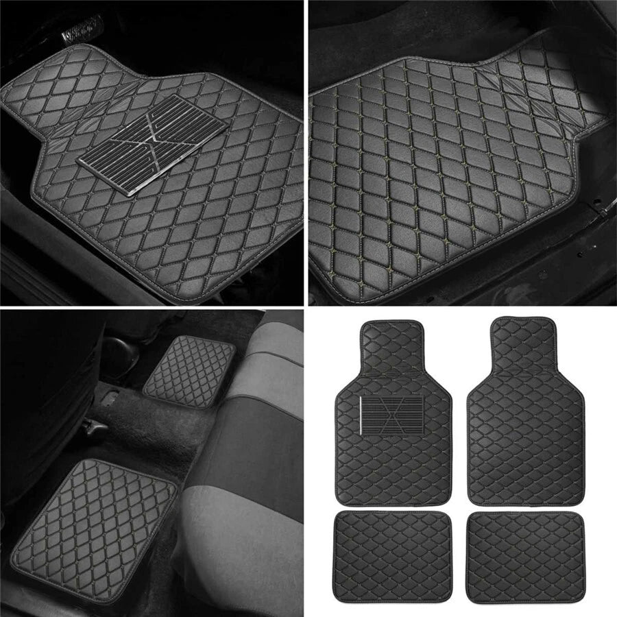 4 x Car Floor Mats Waterproof PU Leather Black & Beige