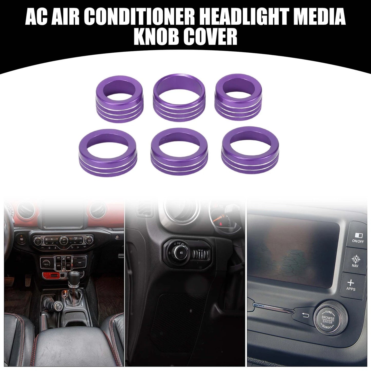 AC Headlight Media Switch Knob Cover Ring for Jeep Wrangler (2018-2023) 6 Pcs