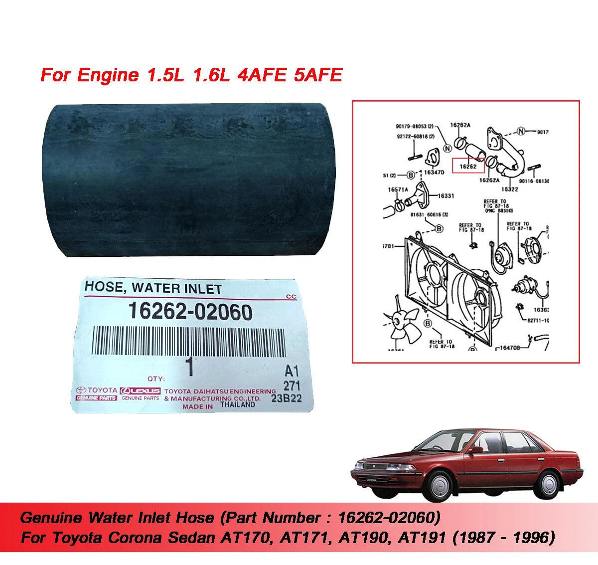 Water Inlet Hose for Toyota AT170 AT171 AT190 AT191 (1982-1992)