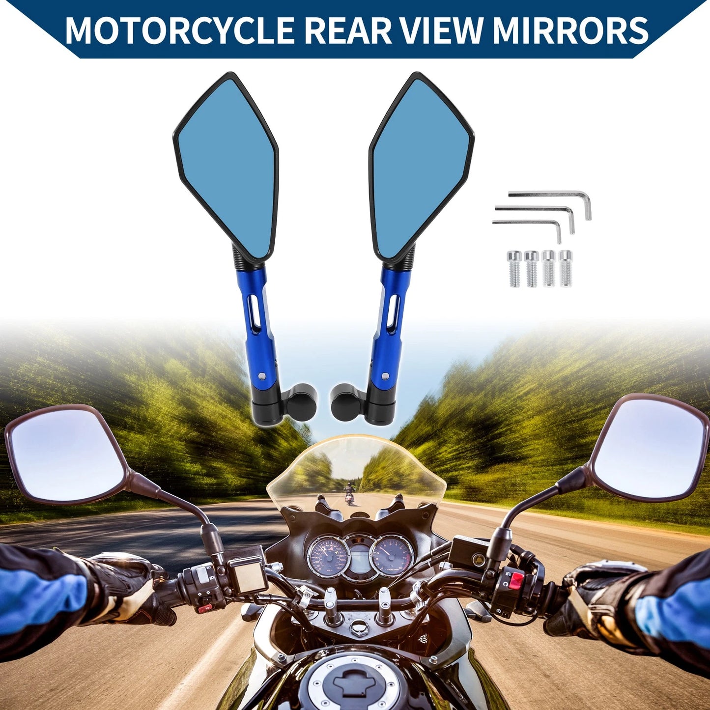 Rear View Mirror for Motorcycle Side Rearview Mirror Black Blue 1 Set