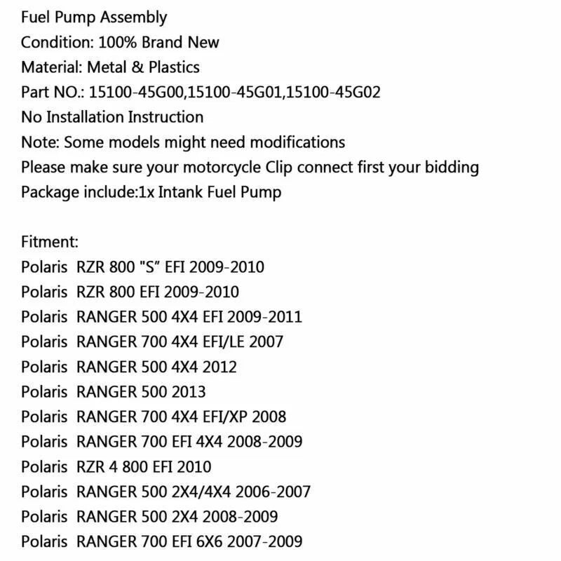 Fuel Pump for Polaris RZR 800 S EFI, 700 4X4 EFI/LE, 500 2X4 (2009-2010)