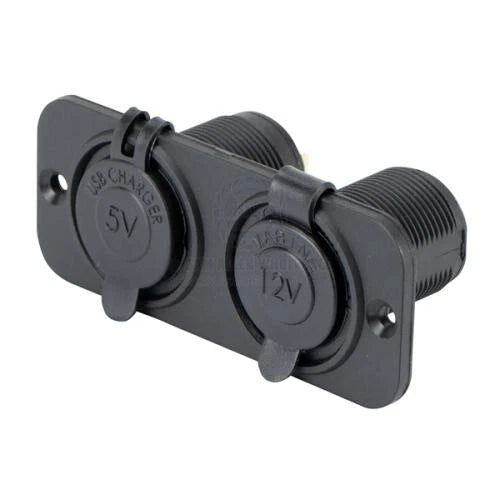Power Socket Dual USB-A & Cig Lighter Ports Flush Mount Black Relaxn 12/24V