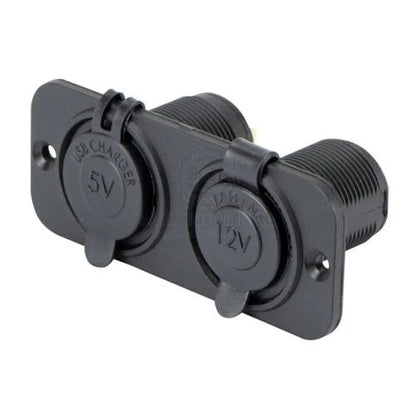 Power Socket Dual USB-A & Cig Lighter Ports Flush Mount Black Relaxn 12/24V