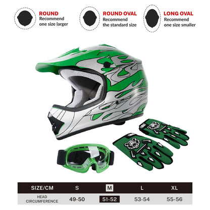 Green Flame Dirt Bike ATV Motocross Helmet + Goggles Gloves (Youth)