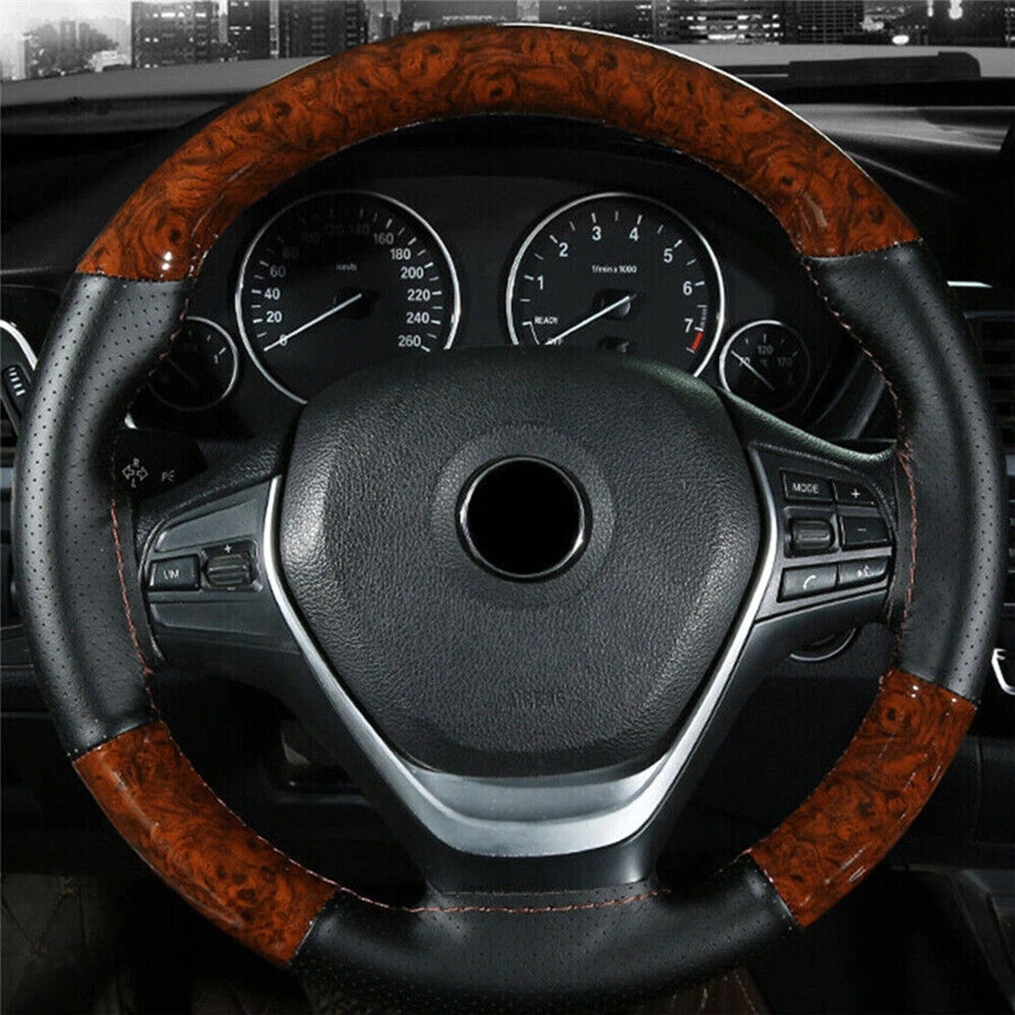 Wood Grain PU Leather Non-Slip Steering Wheel Cover for Car