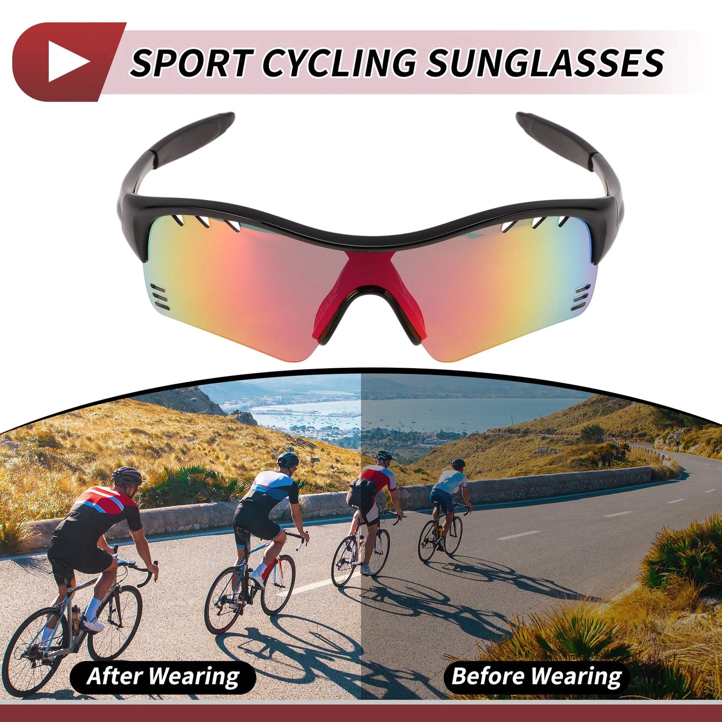 Set Motorcycle Riding Goggles Red Lens Black Frame PC TPU Cycling Sunglasses