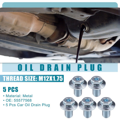 5 x Car Oil Drain Plug Silver Tone for Buick Cascada (2016–2019)