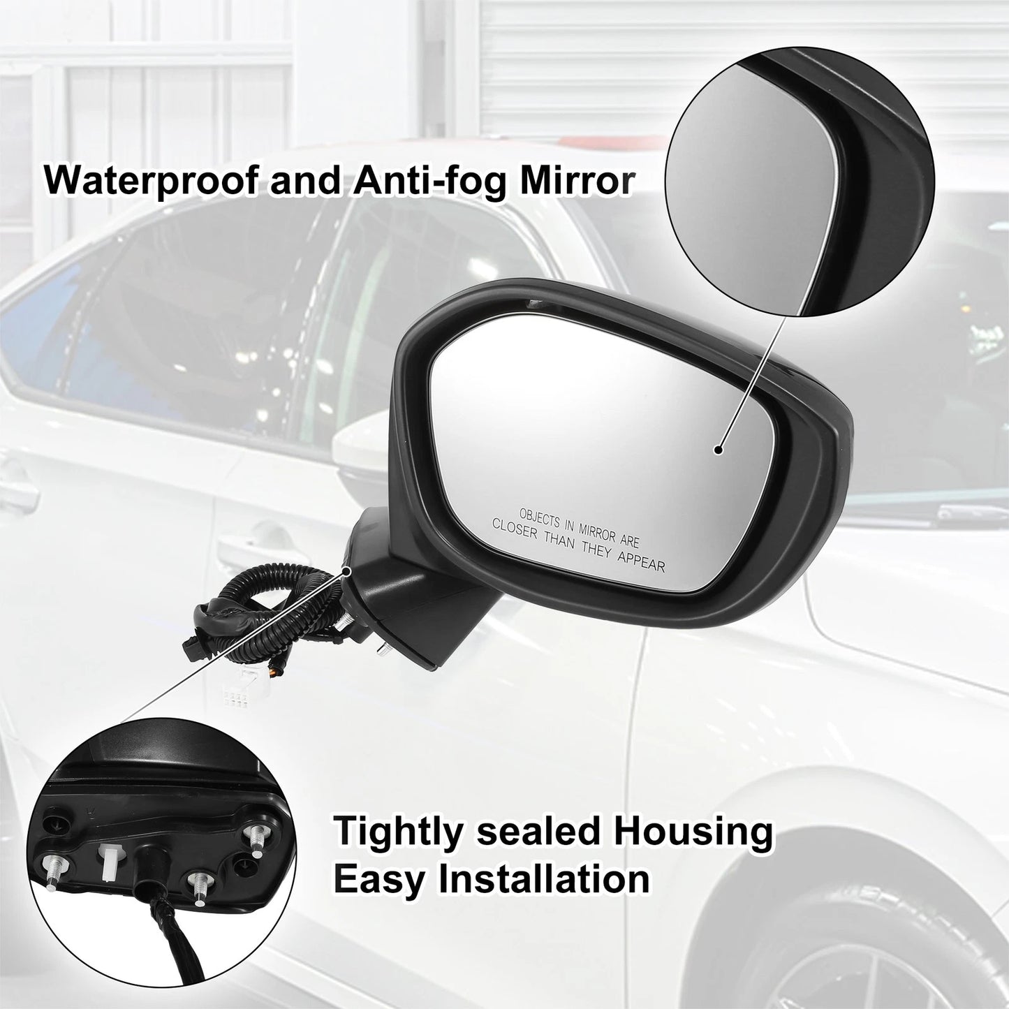 3 Pin Right Side Exterior Door Mirror Assembly Black for Honda Civic (2022-2023)