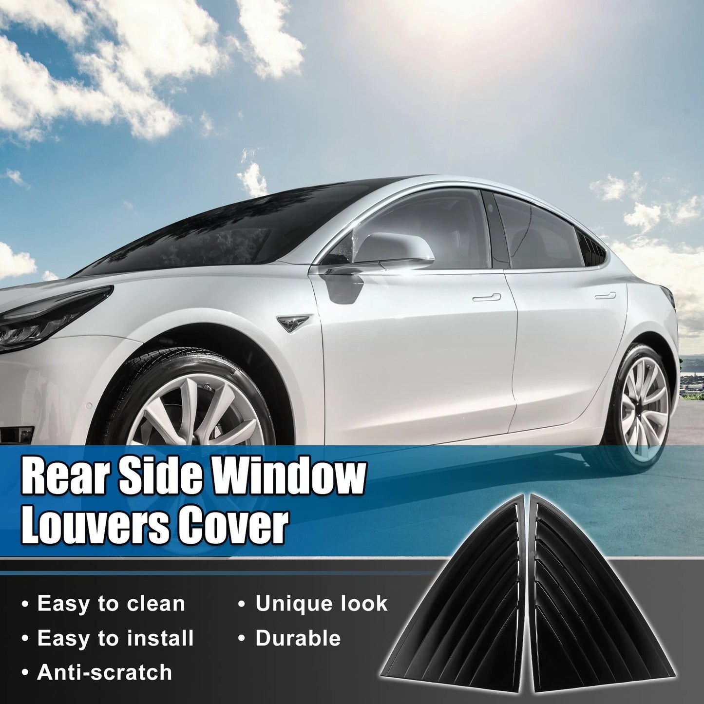 Pair of Gloss Black Rear Side Window Louvers for Tesla Model 3 (2017-2023)