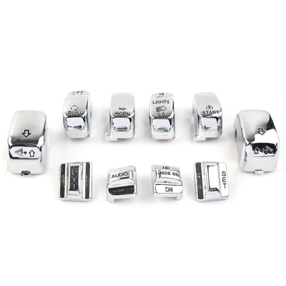 Chrome 10pc Hand Control Switch Housing Button Cap Set for Harley Touring (1996-2013)