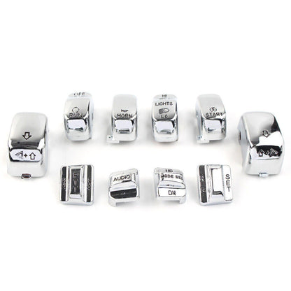Chrome 10pc Hand Control Switch Housing Button Cap Set for Harley Touring (1996-2013)