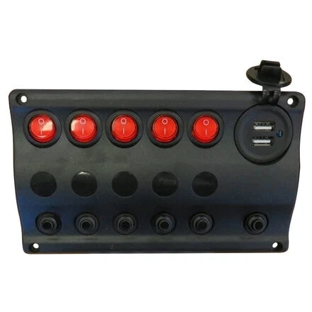 Switch Panel LED 5 Gang with USB Socket & Circuit Breakers for Marine/Caravan