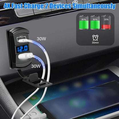Dual USB Car Charger with Digital Display for Cars/Vans/Motorcycles/Boats