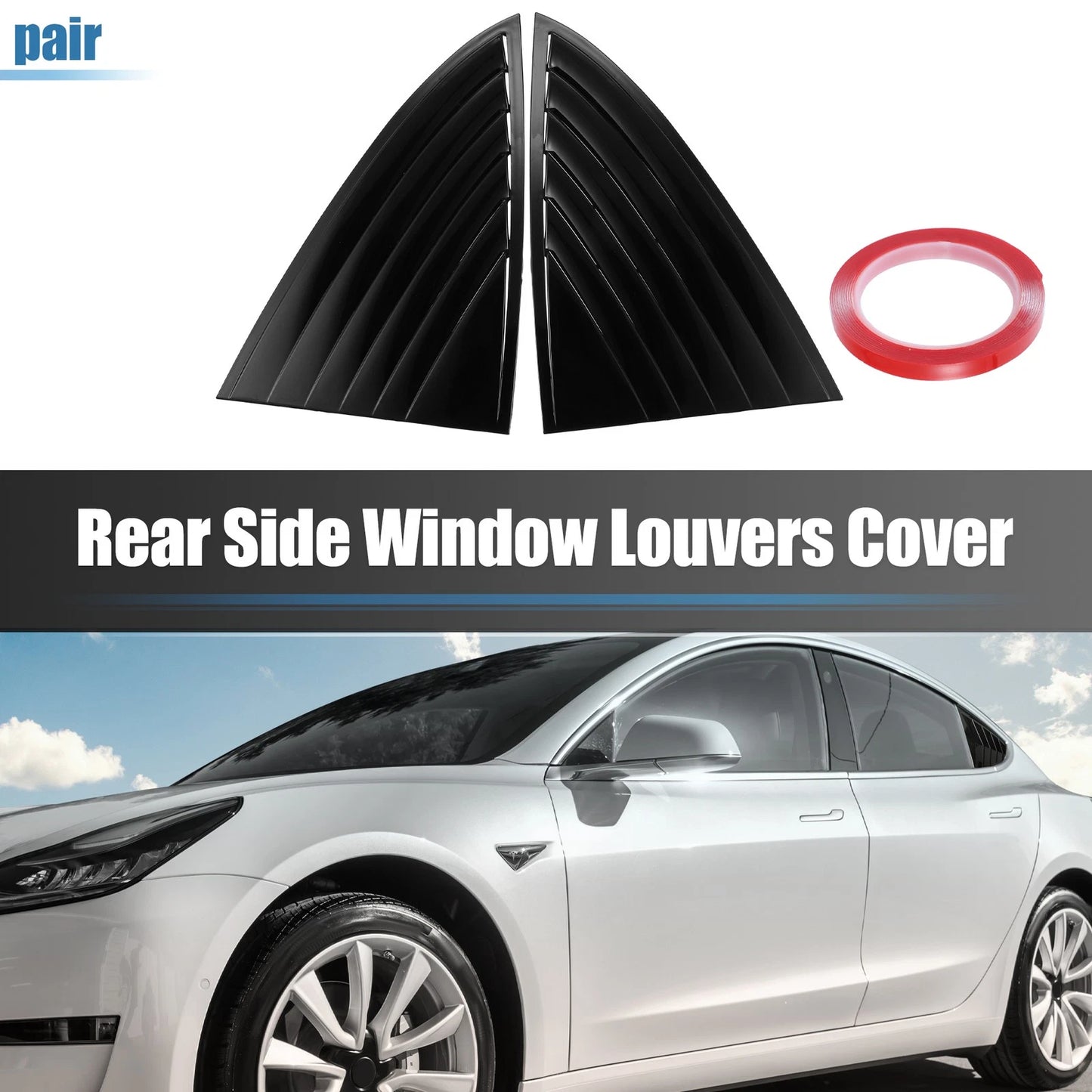 Pair of Gloss Black Rear Side Window Louvers for Tesla Model 3 (2017-2023)