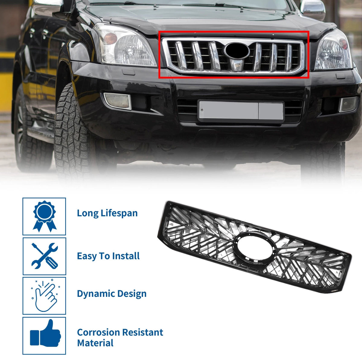 Front Upper Hood Bumper Grille for Toyota Land Cruiser Prado (2002-2009)