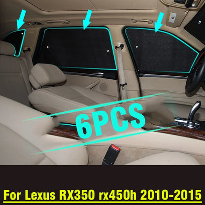 Sunshade 6Pcs Side Window Privacy Black Silver for Lexus RX (2010-2015)
