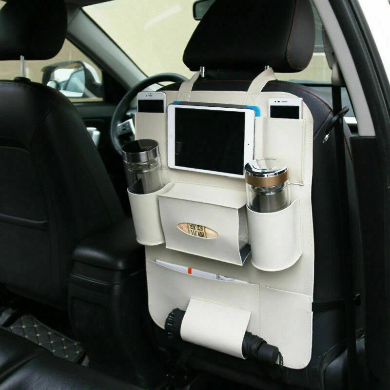 Back Seat Organizer Bag for Car - PU Leather Travel iPad Holder (Fits Most Cars)