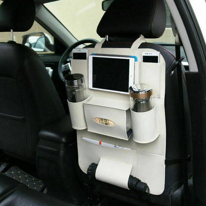 Back Seat Organizer Bag for Car - PU Leather Travel iPad Holder (Fits Most Cars)