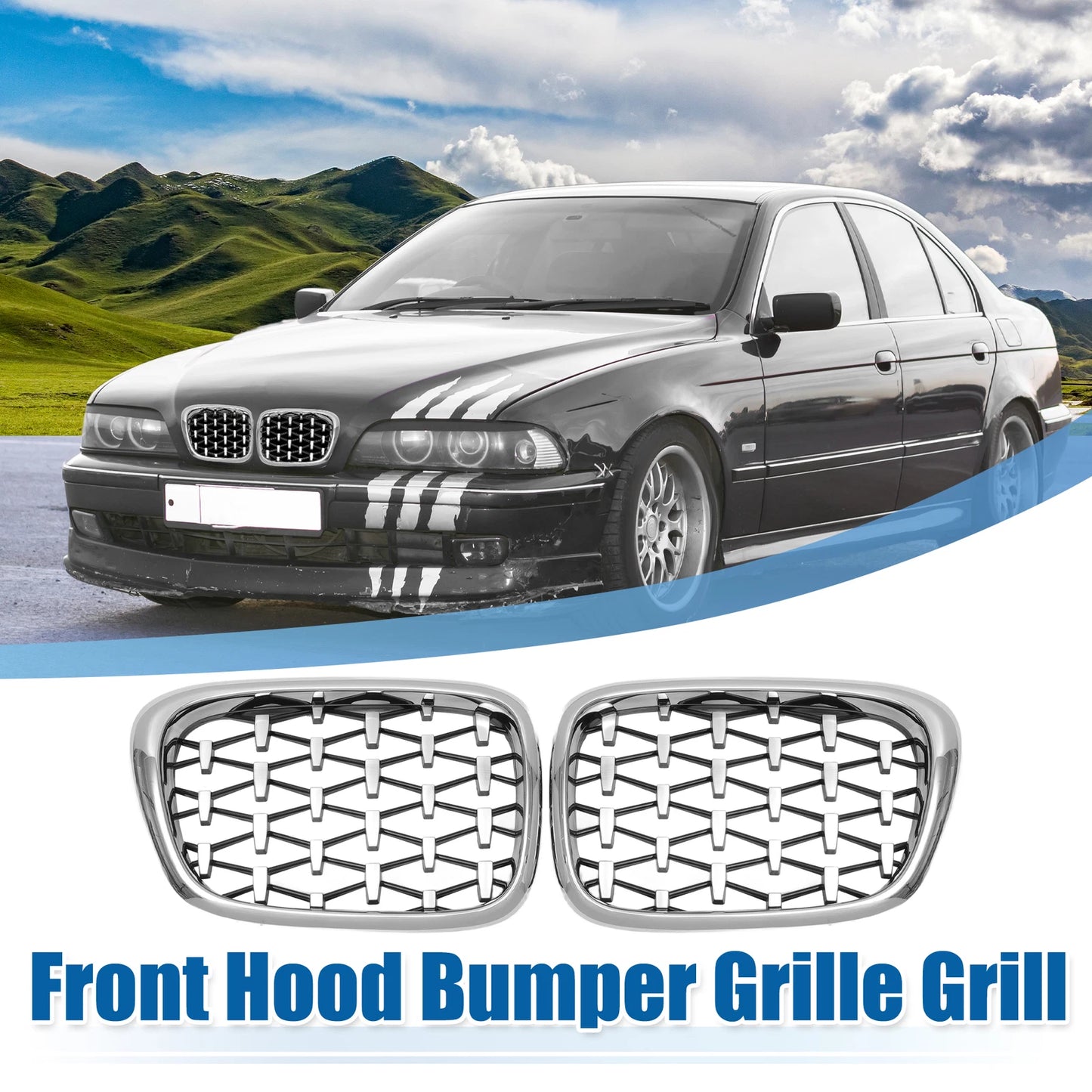 Front Hood Bumper Grille for BMW 525i 530i E39 Chrome Silver Tone (1996-2003)