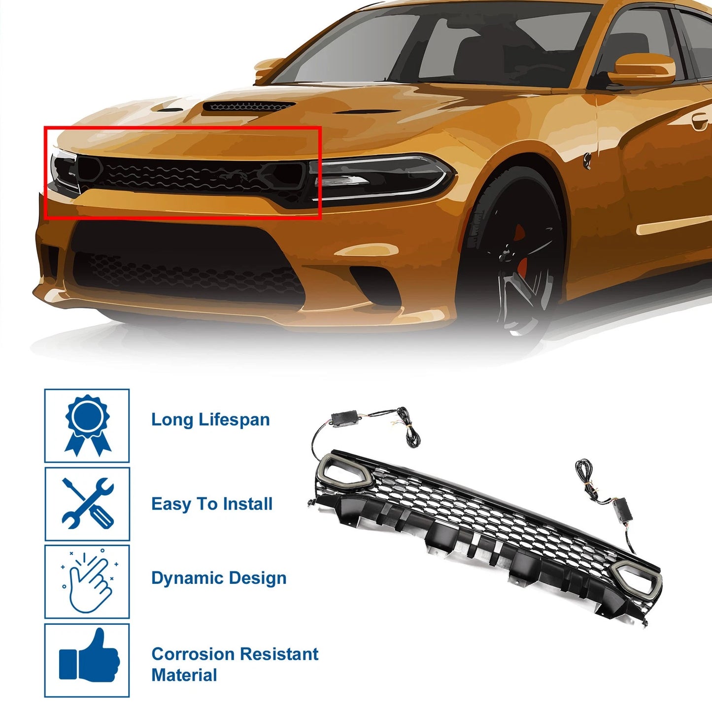 Front Upper Hood Bumper Grille Plastic Grill for Dodge Charger (2015 - 2023)