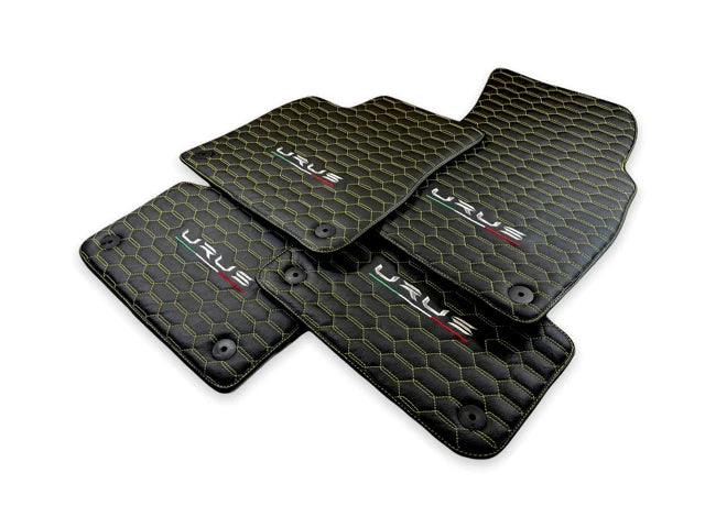 Leather Floor Mats for Lamborghini URUS 2018-2024 Black with Yellow Stitching