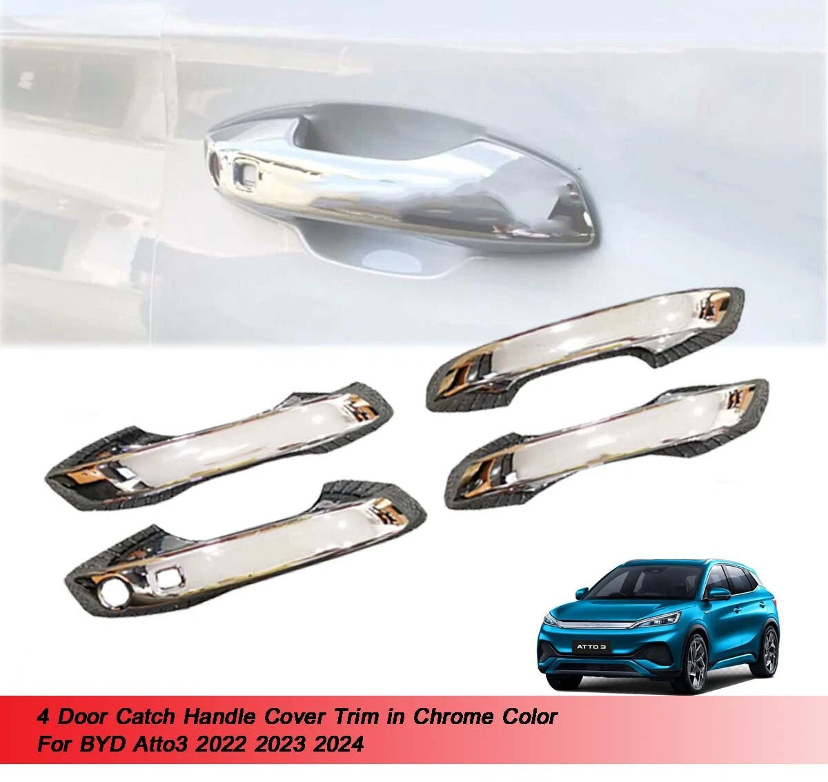 4 x Chrome Door Catch Handle Cover Trim for BYD Atto3 (2022-2024)