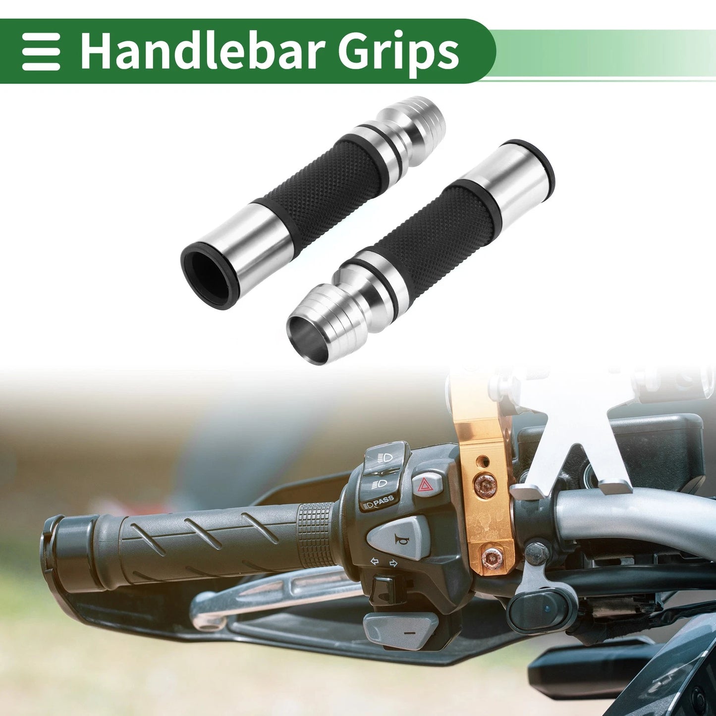 7/8" 22mm Hand Grip Cover for Motorcycle Rubber Black Silver Tone