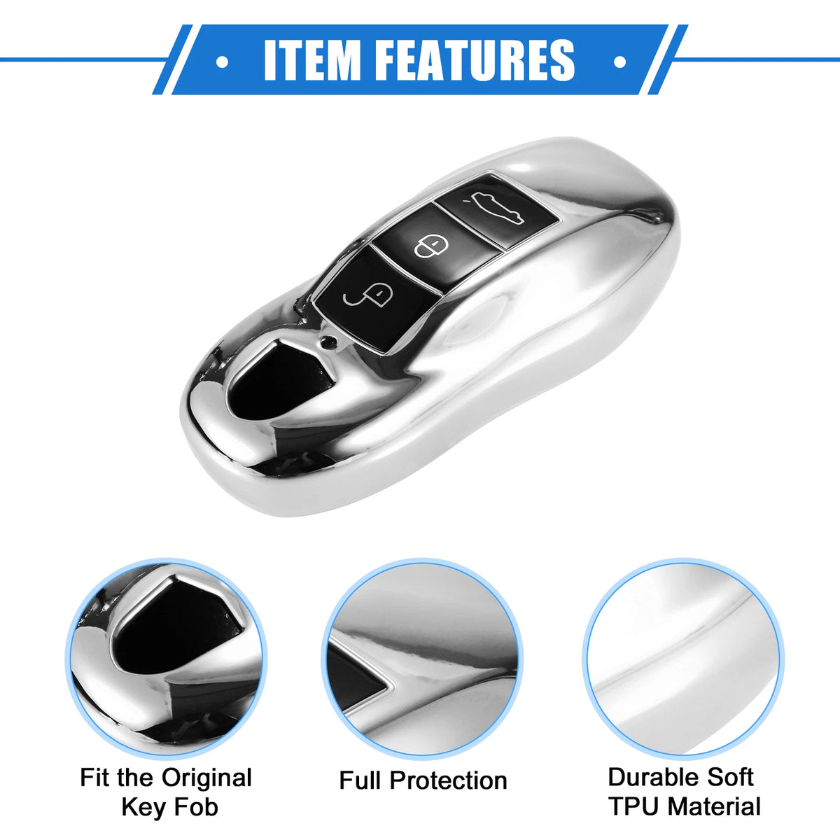 3-Button TPU Car Remote Key Fob Cover for Porsche Macan (2014-2022) Silver Tone