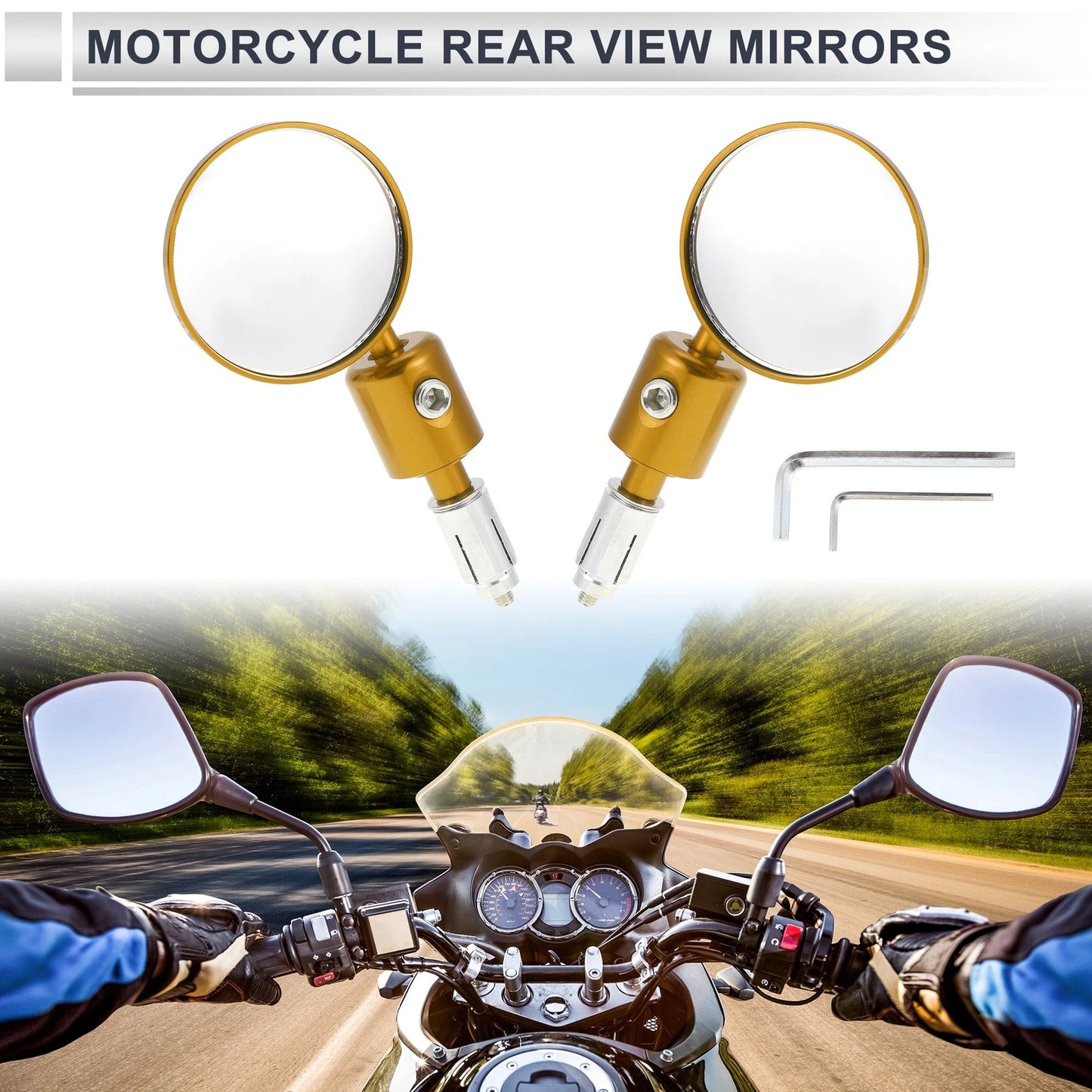 Rear View Mirrors 1 Set Aluminum Alloy Gold Tone Round for M6 Motorcycle