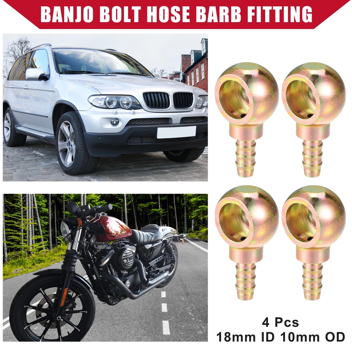 4 x Banjo Bolt Hose Barb Fitting 18mm ID 10mm OD for Car Motorcycle