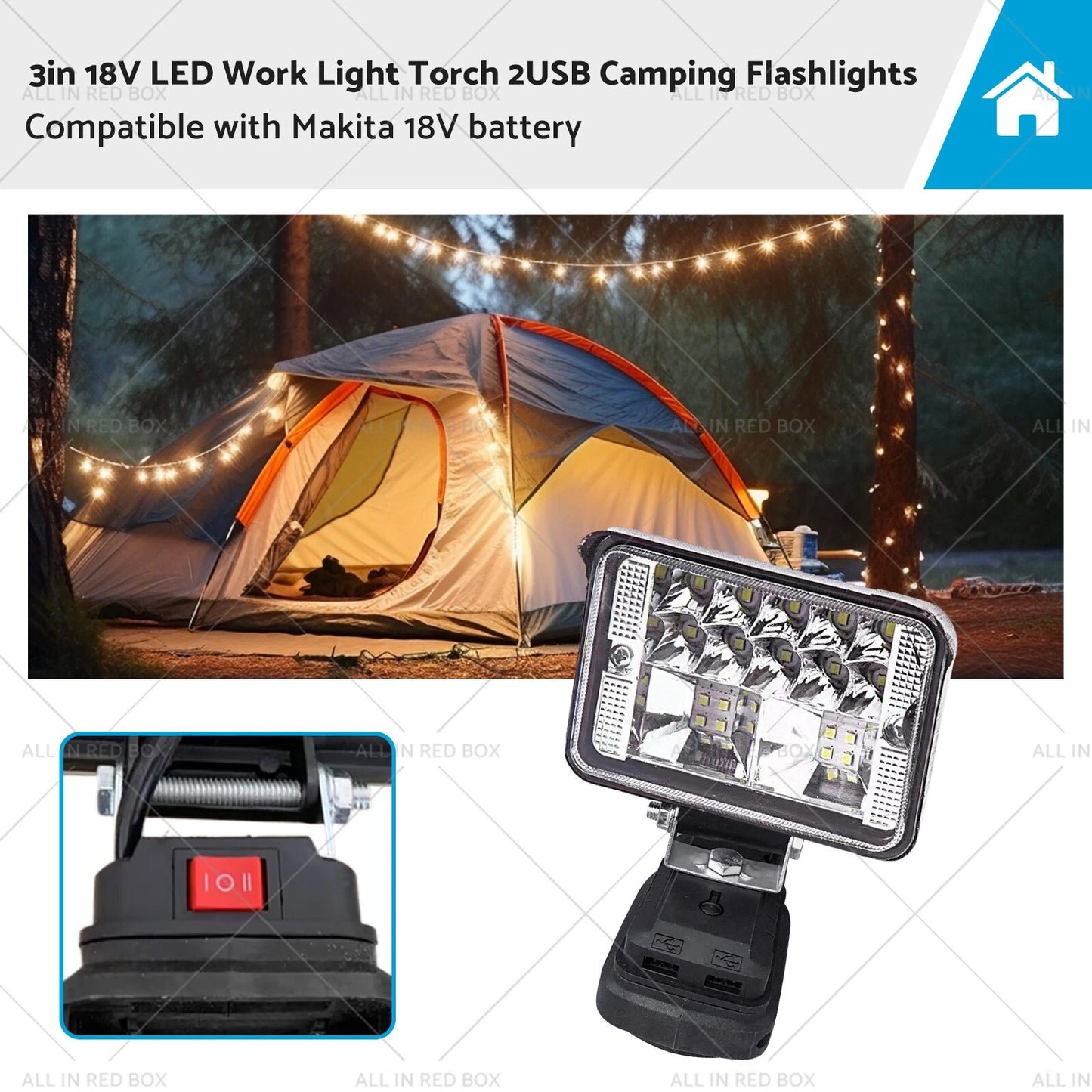 3in 18V LED Work Light Torch Flashlight  USB for Makita Battery