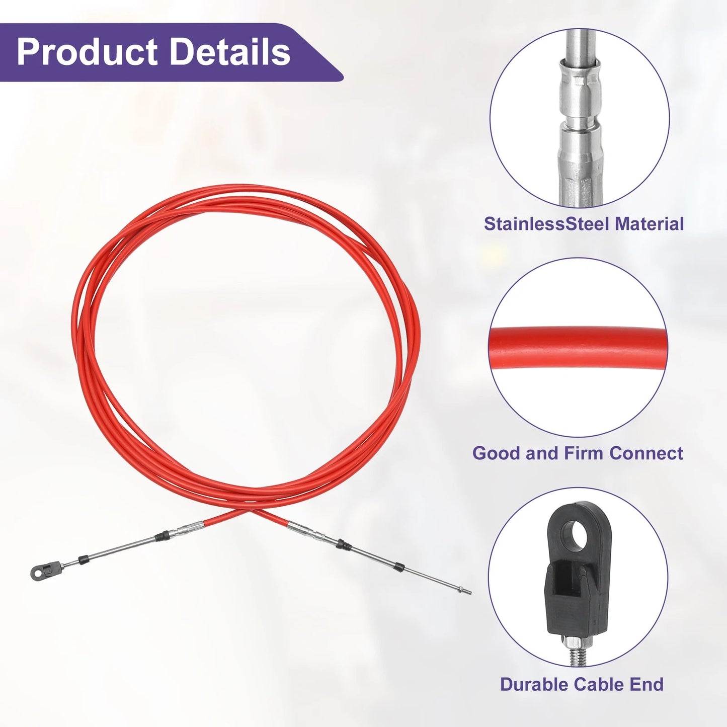Throttle Control Cable 700cm 24FT 33C/3300 Red with Fastening Head for Boat
