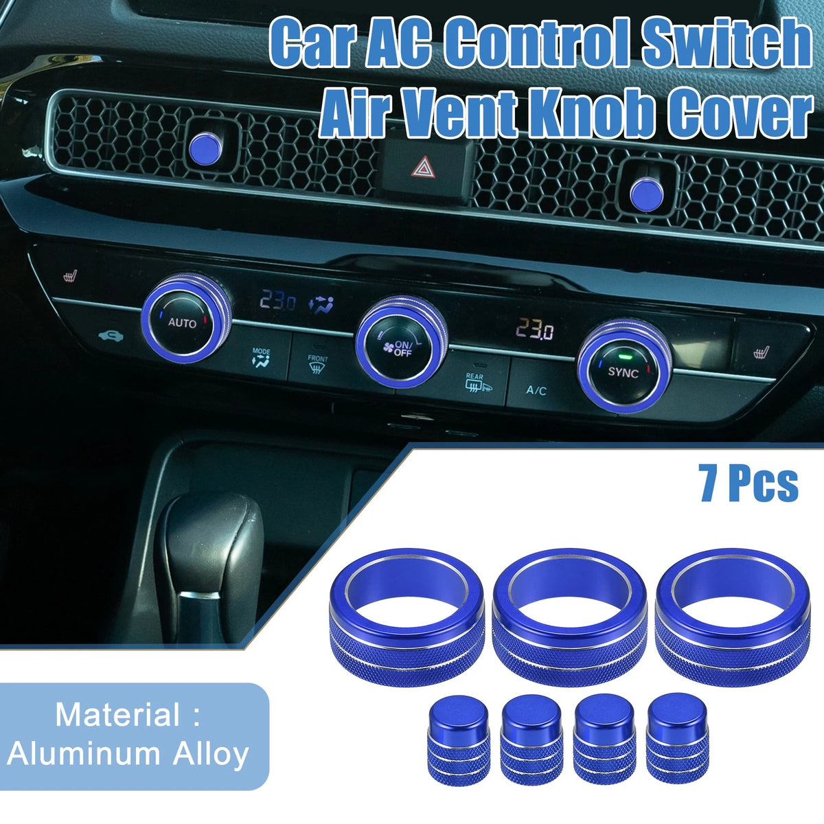 7 x Car AC Control Switch Air Vent Knob Covers for Honda Civic (2022-2023) Blue