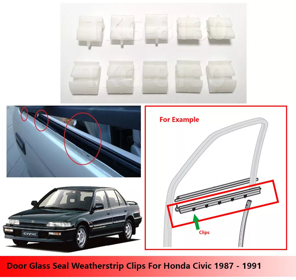 10 x Door Glass Seal Clips for Honda Civic (1987-1991)