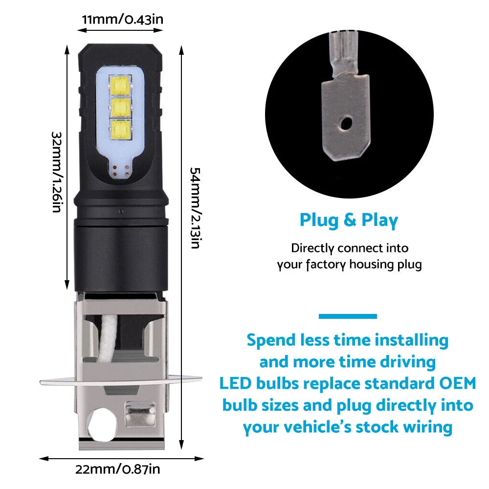 80W 6000LM LED Headlight Bulbs for Car (H3) - White 6500K