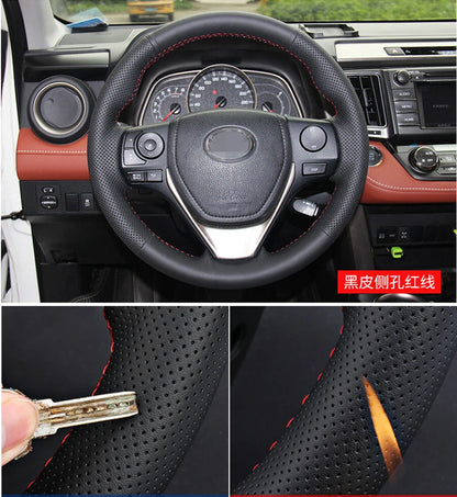 Black Leather Steering Wheel Cover Red Line for Toyota Corolla (2014-2018)