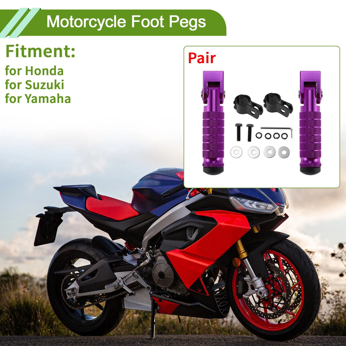 Purple Motorcycle Foot Pegs for Honda, Suzuki, Yamaha