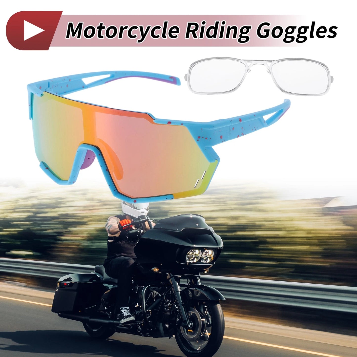 Motorcycle Riding Goggles Multicolor Lens Blue with Red Spots Frame Sunglasses