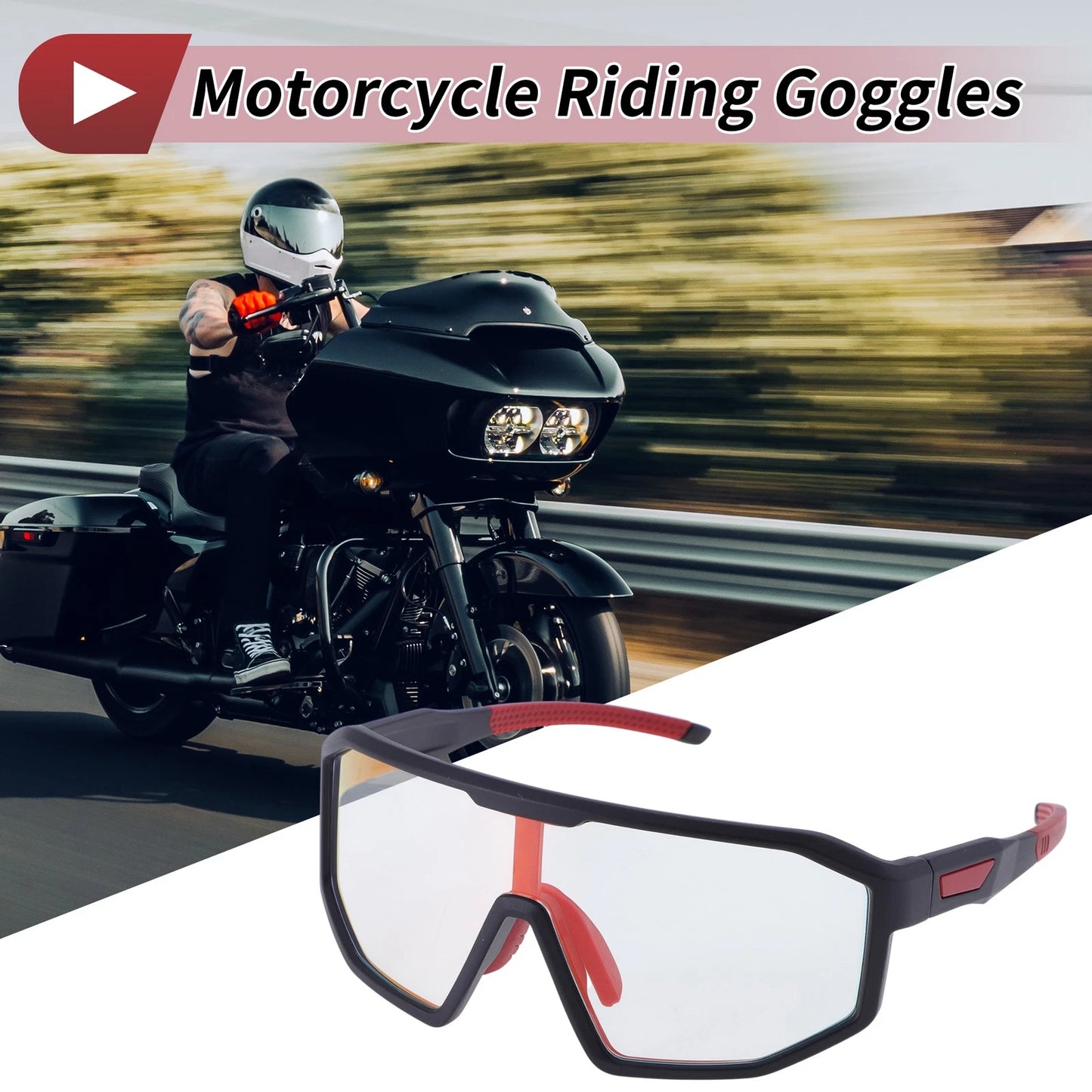 Riding Goggles Light Red Lens Black Frame PC for Motorcycle